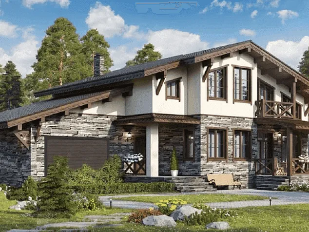 Проект комбинированного дома из клеенного бруса 11-954