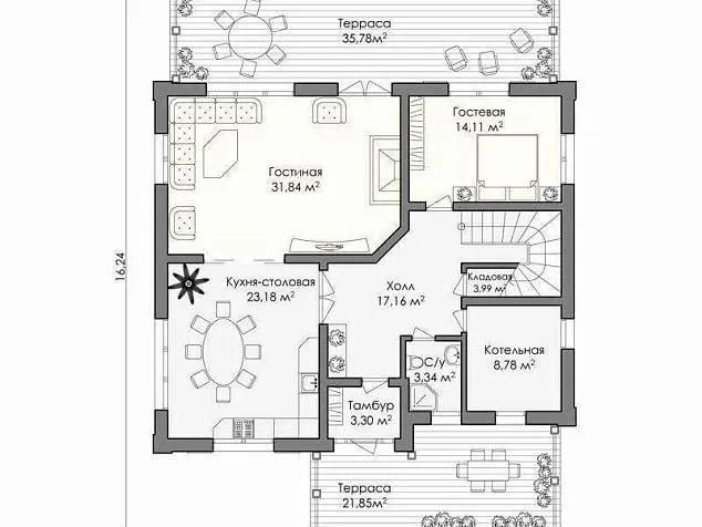 Проект комбинированного дома из клеенного бруса 3961